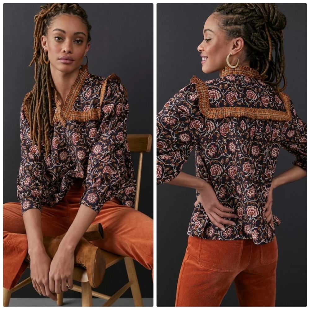Anthropologie Women's Othilia Ruffled Blouse Puffed Sleeves in Blue Size Medium